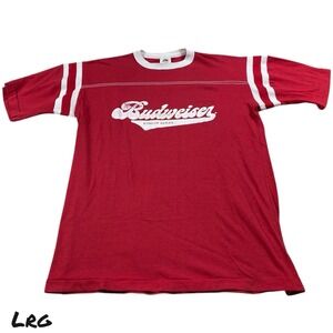 VTG 90s Budweiser Ringer T-Shirt Red White Striped Sleeve King of Beers XL USA
